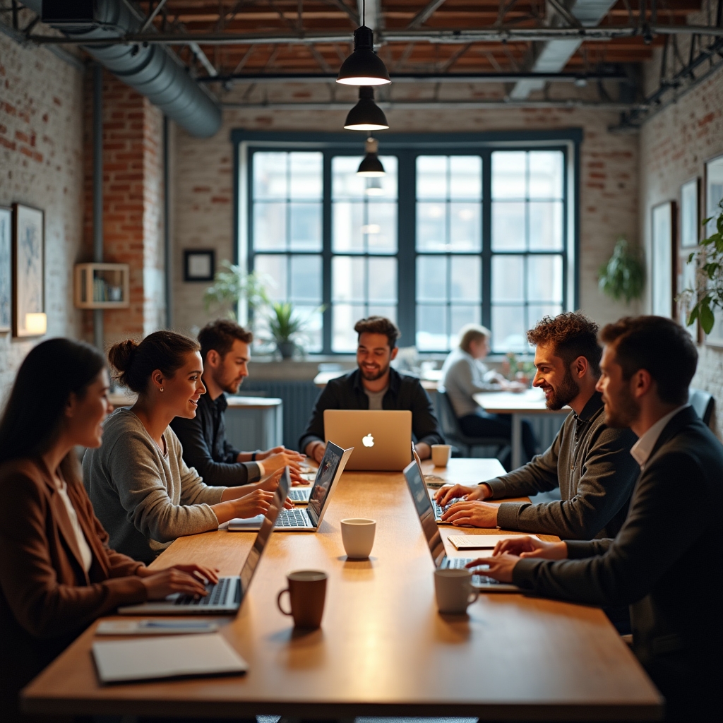 Team arbeitet gemeinsam an einem großen Tisch in einem modernen Loft-Büro