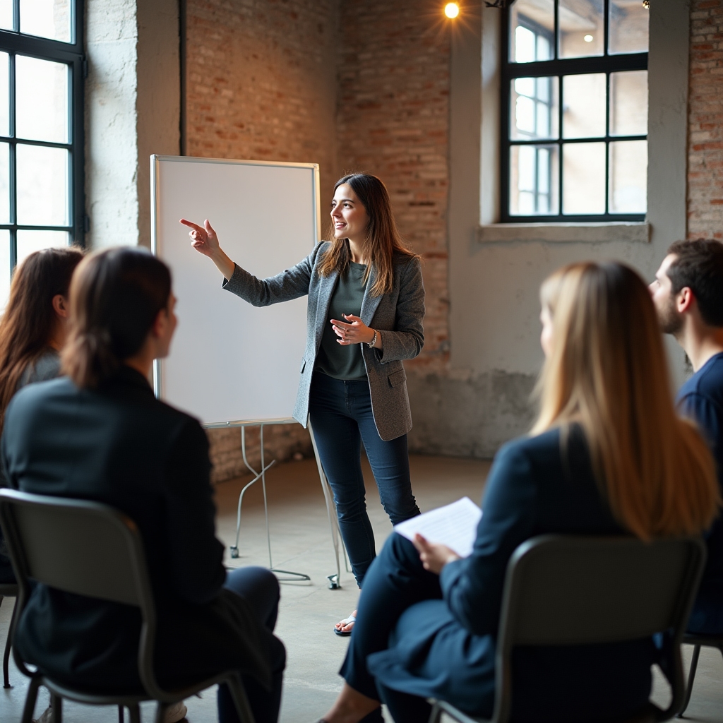 Kleine Gruppe bei einer strukturierten Feedbackrunde im Workshop-Raum